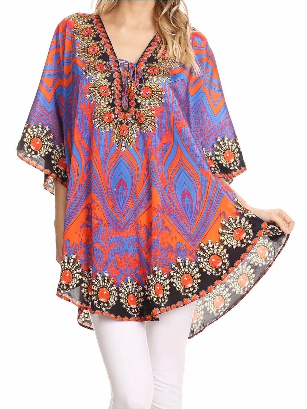 Sakkas Tallulah Wide Circle Blouse V Neck Top With Tassle Ties And Rhinestones